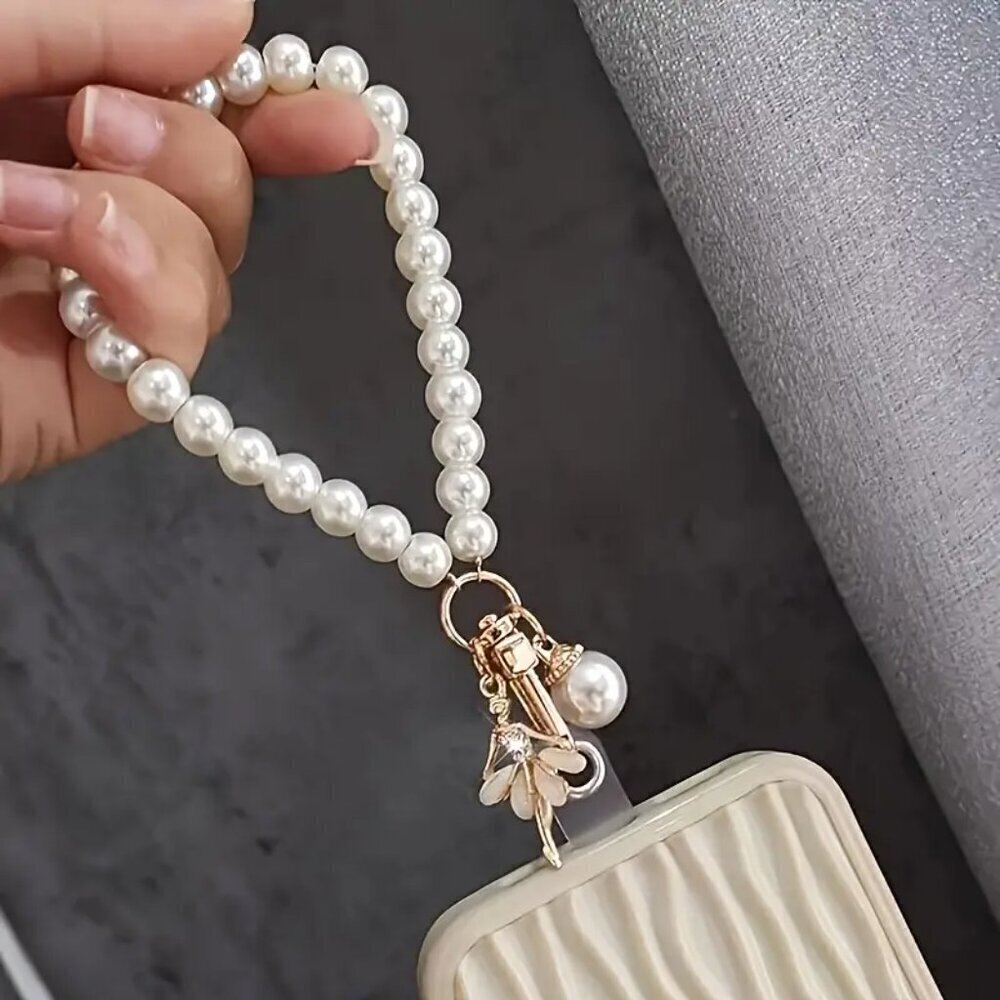 Imitation Pearl Short Mobile Phone Lanyard Wrist Strap - Butterfly - Picture 3 of 4
